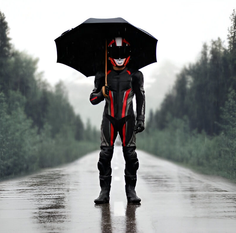 motard sous la pluie tenant un parapluie